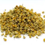A small pile of bright yellow coloured german chamomile flowers.